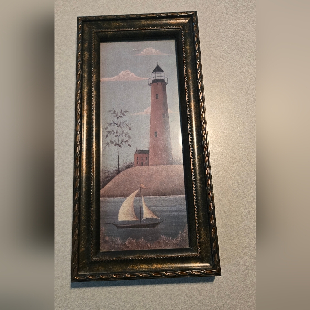 Framed Lighthouse and Sailboat Art